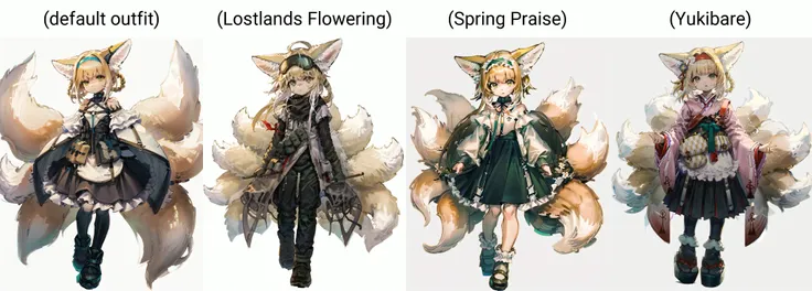 1girl, full body, standing, animal ears, animal ear fluff, blonde hair, green eyes, white background, (simple background:1.44), multiple tails, <lora:Arknights_Suzuran-LionV3:1>, (default outfit),