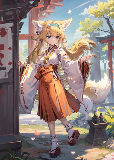 1girl, full body, solo, (miko:1.3), traditional shrine maiden, japanese clothes, white kimono, red hakama, (red hakama skirt), animal ears, fox ears, red hairband, hair ornament,  blue eyes, long sleeves,  wide sleeves, blonde hair, closed mouth, two-tone hair, long hair, small breasts, white hair, black footwear, 
standing, looking to the sky, under the sakura, sakura trees, sakura blossoms, 
[background(east asian architecture, {{shrine}}, (shrine\(architecture\), japanese temple), torii, (({sakura tree,trees}, sakura blossoms, sakura petal, falling petals)), [[spring \(season\)]])], <lora:Arknights_Suzuran-LionV3:0.6>