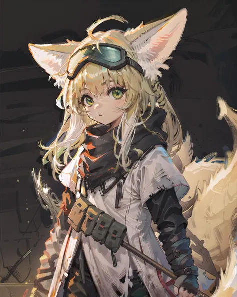 1girl, cowboy shot, animal ears, animal ear fluff, blonde hair, green eyes, simple background, <lora:Arknights_Suzuran-LionV3:0.84>, (Lostlands Flowering),