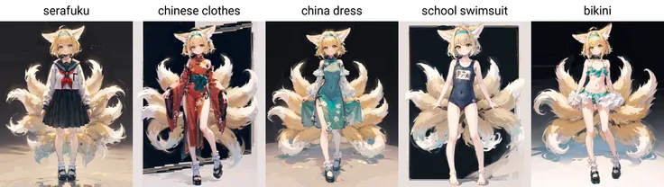 1girl, full body, standing, animal ears, animal ear fluff, blonde hair, green eyes, white background, multiple tails, <lora:Arknights_Suzuran-LionV3:0.7>, (serafuku),