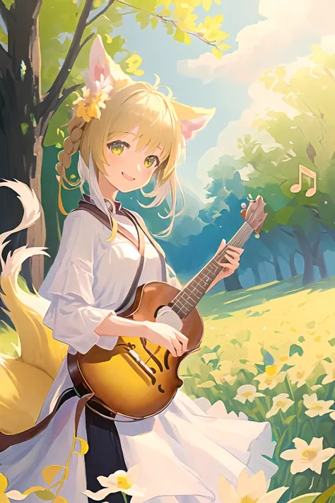 (masterpiece:1.3), (best quality:1.3), (cowboy short:1.1), (looking at viewer:1.1), 
<lora:arknightsSuzuran_v10:0.8>, (animal ears:1.3), (multiple tails:1.3),
(illustration:1.2), (1girl:1.3), (musical instrument:1.3), (field of flowers:1.2), (joyful:1.2), (nature:1.1), (peaceful:1.1), (music:1.1), (grass:1.1), (depth of field), (digital art:1.1), (happy:1.1), (colorful:1.1), (sunlit:1.1), (smiling:1.1), (yellow tones:1.1), (instrument case:1.1), (flying petals:1.1),