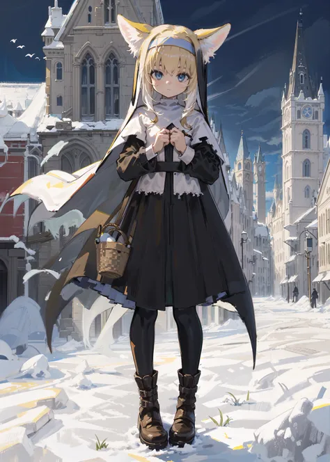 1girl, full body, solo, wind, (nun:1.21), boots, animal ears, fox ears, habit, standing, blue eyes, long sleeves, habit,  ^^^, blonde hair, closed mouth, two-tone hair, nun habit, flat chest, white hair, looking at viewer, brown footwear, 
[background(building architecture, {{gothic architecture}}, (night), church, {castle}, [[fantasy]])], <lora:Arknights_Suzuran-LionV3:0.6>