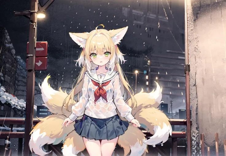 1girl, cowboy shot, (straight-on:0.6), looking at viewer,
animal ears, serafuku, red neckerchief, blue skirt, , bare legs, long hair, (wet), see-through, blonde hair, green eyes, blush, fox tail, multiple tails, kyuubi,
(background((rain:1.3),neon,bus stop, dawn, wolf's rain, dark cloud, dim street, A splash of rain, ground vehicle)),
<lora:Arknights_Suzuran-LionV3:0.6>