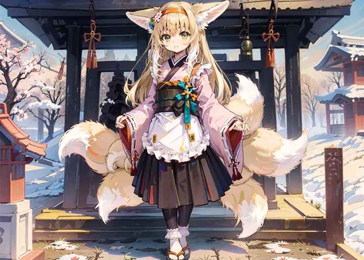 animal ears, red hairband, hair ornament, hair flower, green eyes, blonde hair, closed mouth, light smile, two-tone hair, white hair, (long hair), pink japanese clothes, pink kimono, obi, wide sleeves, long sleeves, white apron, waist apron, frills, flat chest, black long skirt, black skirt, (kyuubi), multiple tails, fox tails, black pantyhose, tabi, white socks, zouri, black footwear, ((Yukibare)),
1girl, full body, solo, ((looking to the side)), standing,
(background
( east asian architecture, ((shrine)), sanctum, vernal dawn, sakura blossoms, florets, donation box, votive plaques, shimenawa, fortune slips, )
),
<lora:Arknights_Suzuran-LionV3:0.84>