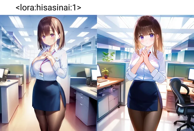 masterpiece, best quality, office lady, breasts, pantyhose, white shirt,low-tied hair, standing, own hands together, office, skirt, short skirt, confused, <lora:hisasinai:1>