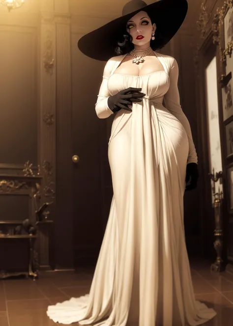 <lora:dimitrescu15:0.95>,best quality, masterpiece,
(1mom, big-vampire-mommy, Alcina-Dimitrescu:1.05), 1girl, solo, breasts, large breasts, black_hair, gloves, hat,  sun_hat, dress, white dress, long dress, cleavage, jewelry, earrings, tall female, mature female, pale_skin, yellow eyes, makeup, pearl necklace, black rose, black flower, full body, castle, indoors, looking at viewer,