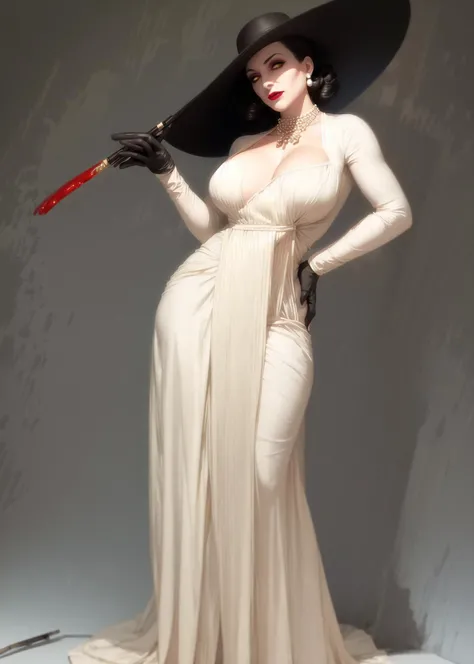 <lora:dimitrescu15:1>,best quality, masterpiece,
(1mom, big-vampire-mommy, Alcina-Dimitrescu:1.05), 1girl, solo, breasts, large breasts, black_hair, gloves, hat,  sun_hat, dress, white dress, long dress, cleavage, jewelry, earrings, tall female, mature female, pale_skin, yellow eyes, makeup, pearl necklace, (black rose, black flower:1.02), full body, looking at viewer, veiny_breasts, vein, blood,