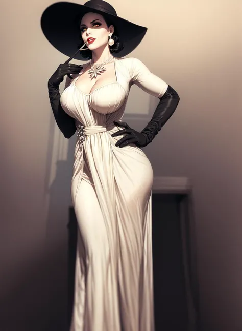<lora:dimitrescu15:0.95>,best quality, masterpiece,
(1mom, big-vampire-mommy, Alcina-Dimitrescu:1.05), 1girl, solo, breasts, large breasts, black_hair, gloves, hat, sun_hat, dress, white dress, long dress, cleavage, jewelry, earrings, tall female, mature female, pale_skin, yellow eyes, makeup, pearl necklace, black rose, black flower, full body, looking at viewer,