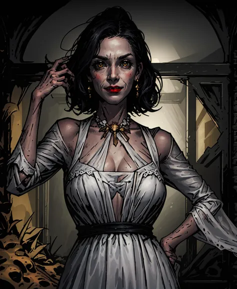 Masterpiece, illustration, best quality, 1girl, standing in the crimsom court, <lora:DarkestDungeonV2:0.85>, ddstyle, (portrait, upper body), <lora:ladyDimitrescuResident_v1:0.65>, 1mom, big-vampire-mommy, alcina-dimitrescu, white dress, short black hair, solo, evil grin, narrow eyes, frowning, yellow eyes, huge breasts