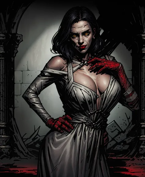 Masterpiece, illustration, best quality, 1girl, standing in the crimsom court, <lora:DarkestDungeonV2:0.85>, ddstyle, (portrait, upper body), <lora:ladyDimitrescuResident_v1:0.65>, 1mom, big-vampire-mommy, alcina-dimitrescu, white dress, short black hair, solo, evil grin, narrow eyes, frowning, yellow eyes, ((huge breasts))
