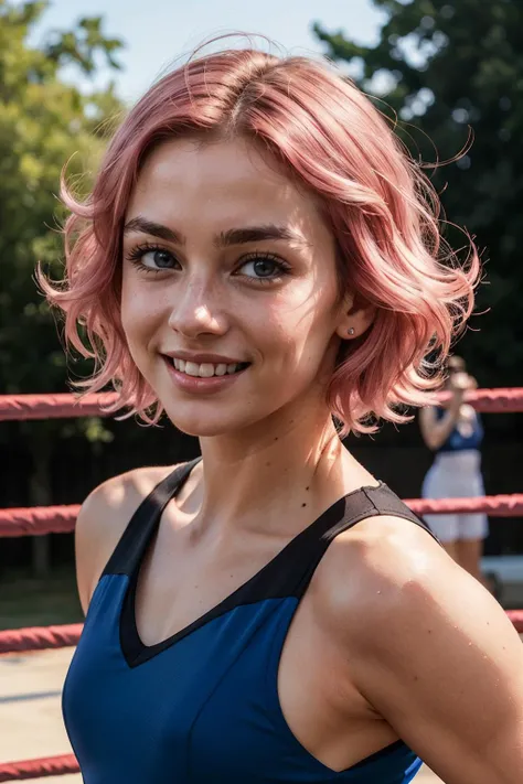 maylene,band-aid on nose,short pink hair, pink eyes, blue tank top, looking at viewer, smiling, close up portrait, outside, wresting ring, bright lighting, high quality, masterpiece, <lora:maylene-nvwls-v1:.8>