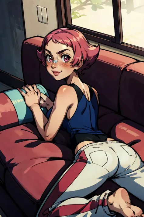 maylene,band-aid on nose,short pink hair, pink eyes, blue tank top, white pants, barefoot, looking back at viewer, serious, smiling, blush, lying, prone, on stomach, inside living room, on sofa,from_behind, from_above, high quality, masterpiece, <lora:maylene-nvwls-v1:.8>