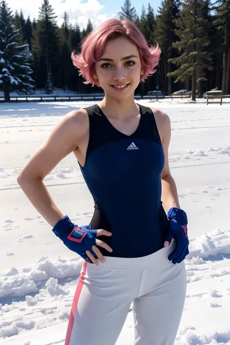 maylene,band-aid on nose,short pink hair, pink eyes, blue tank top, white pants, fingerless gloves, looking at viewer, serious, smiling, standing, hands on hips, outside, park, field, trees, snow, winter, high quality, masterpiece, <lora:maylene-nvwls-v1:.8>