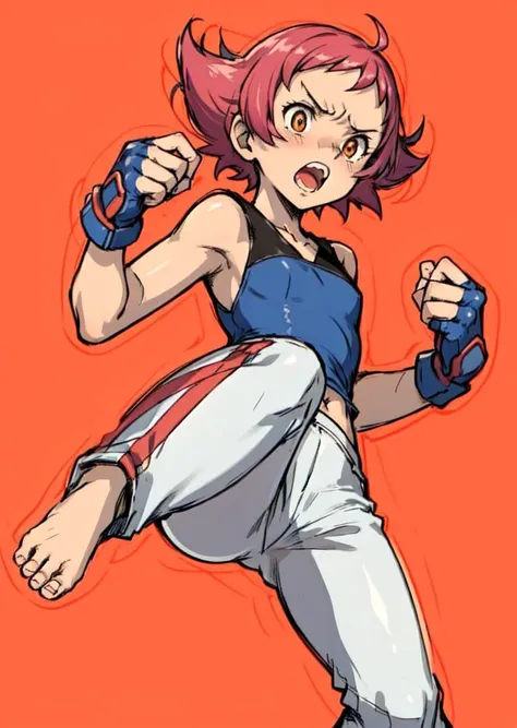 masterpiece, best quality, maylene, blue tank top, white pants, fingerless gloves, barefoot, clenched fists, hands to chest, kicking, simple background, yelling, furrowed brow, orange background <lora:maylene-nvwls-v1-000014:0.8>