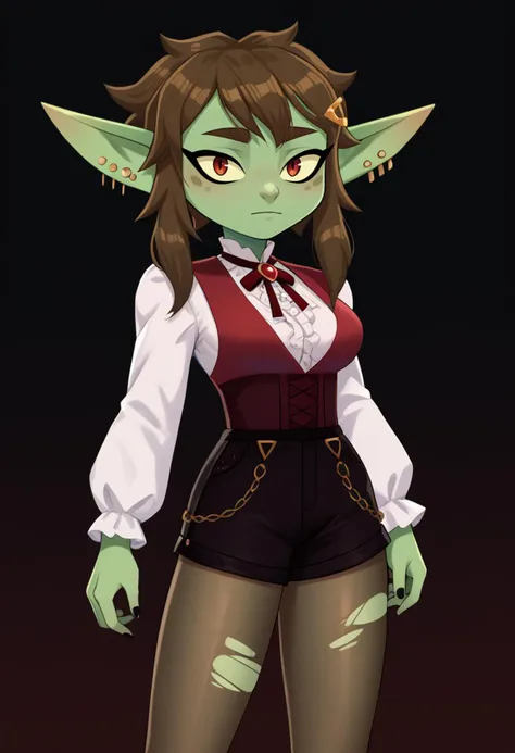 score_9, score_8_up, score_7_up, score_6_up, <lora:honeygoblin-guy-PONYv1:1>, honeygoblinclerk, female goblin, green skin, jewelry, long sleeves, white shirt, ear piercing, earrings, long pointy ears, hair ornament, neck ribbon, red vest, black shorts, pantyhose, torn legwear, 1girl, solo, portrait, black background, looking at viewer, breasts, black nails,