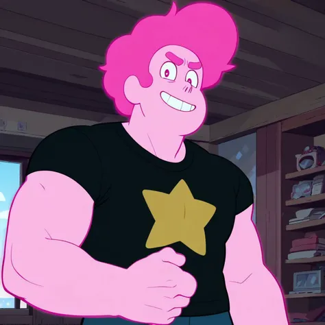 score_6_up, score_7_up, score_8, 1boy, Steven, solo, male focus, looking at viewer, smile, black shirt, muscle body, star symbol, pink skin, pink hair, bara, official style, official art, indoors, upper body, 4k,