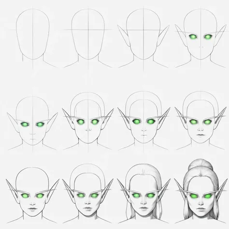 score_9, score_8_up, score_7_up BREAK, <lora:How_to_draw_step_by_step_2:1> howtodraw, x steps, greyscale, colored final touch, <lora:bloodelf-wc-richy-v1_pdxl:1> bldelf, pointy ears, colored sclera, green eyes, glowing eyes, no eyes, no pupils, portrait,
