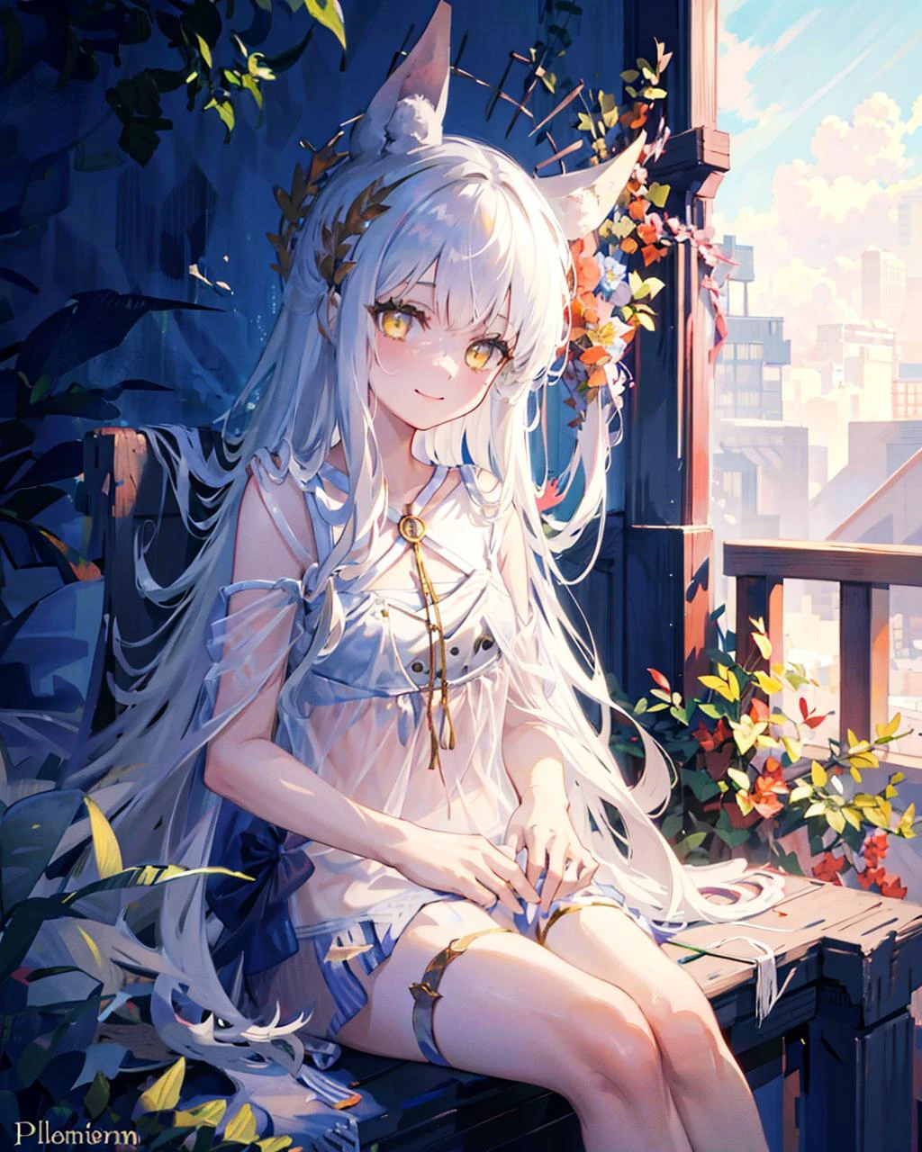 1girl,solo,outdoors,platinumdew, <lora:PlatinumShimmerDewV1[platinumdew][headplatinumdew]:0.9>, light_smile,yellow eyes, sitting,pillar,
