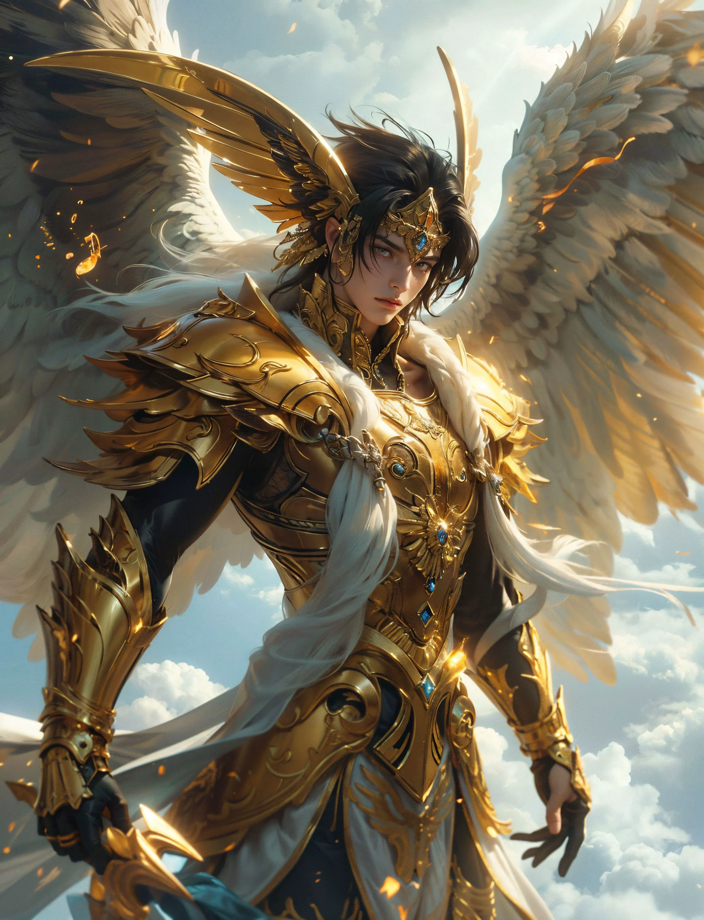 artstudt, (official art, extremely detailed CG unity 8k wallpaper),(1boy:1.3),beautifully detailed eyes, detailed fine nose, detailed fingers, (8k), (best quality), ( masterpiece:1.2), (realistic), ( photorealistic:1.37), extremely detailed
Archangel, wearing golden armor, long black hair, orange eyes, elaborate, shiny armor decorations, golden wings flying on both sides, wearing a golden helmet, in a battle in the sky with a background of white clouds reflecting beautiful sunlight, 3d, vivid and high quality, 1 photo of the prize
<lora:FuturusticScapes-v2:0.3> <lora:holographic dragon_20230916213607:0.3> <lora:BlessedTech:0.2>