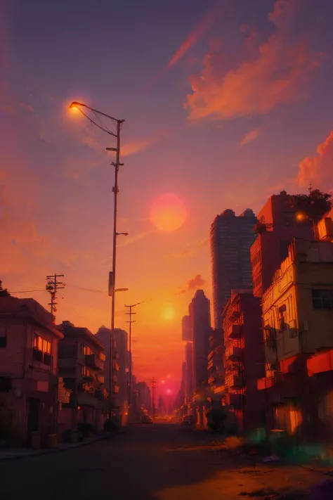 style1-fC, sun, sunset, red sky, city, cloud, building, sky, scenery, skyscraper, moon, cityscape, outdoors, gradient sky, lens flare, orange sky, power lines, tower, no humans, mountain, cloudy sky, full moon, twilight, purple sky, skyline, water, city lights, bridge, tree, lamppost, evening, utility pole, ruins, reflection, sunlight, <lora:style1-fC_v1.0:0.7>
