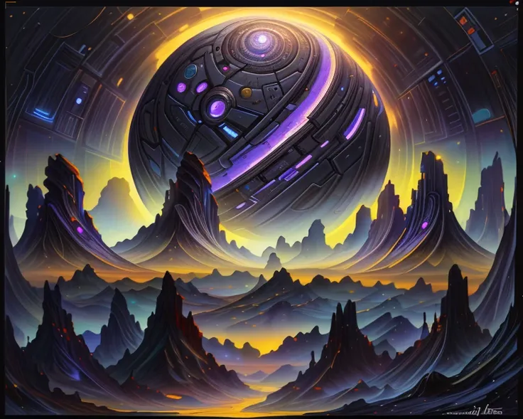 (<lora:kVoidEnergy-000001:0.5>, V0id3nergy, void theme:1.1) watercolor painting \(medium\) of an alien world at night, in the ((style of john k. snider:1.3)) cosmiclandscapes, alien landscape, <lora:FuturisticScape-V3:1>