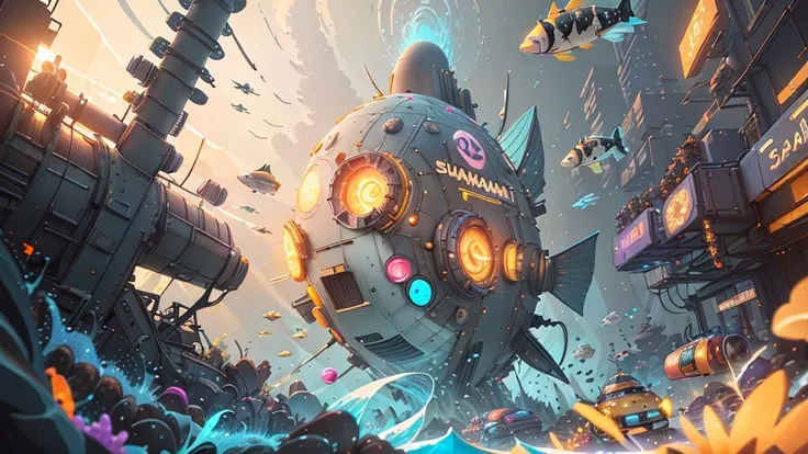 Indie game art,(swarms of fish, ,underwater), (Vector Art, Borderlands style, Arcane style, Cartoon style), Line art, Disctinct features, Hand drawn, Technical illustration, Graphic design, Vector graphics, High contrast, Precision artwork, Linear compositions, Scalable artwork, Digital art, cinematic sensual, Sharp focus, humorous illustration, big depth of field, Masterpiece, trending on artstation, Vivid colors, trending on ArtStation, trending on CGSociety, Intricate, Low Detail, dramatic
