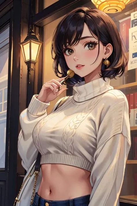 <lora:FuturusticScapes-v2:1>, cropped sweater, midriff, sweater, 1girl, detailed face, hanging laterns, illustrated