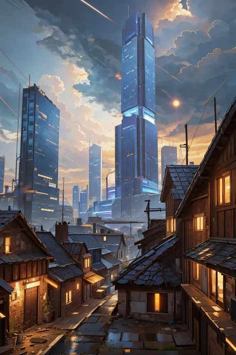 <lora:FuturusticScapes-v2:1>, modern skyscraper towering over an old abandoned medieval town, sheds and taverns, storm clouds, urban setting