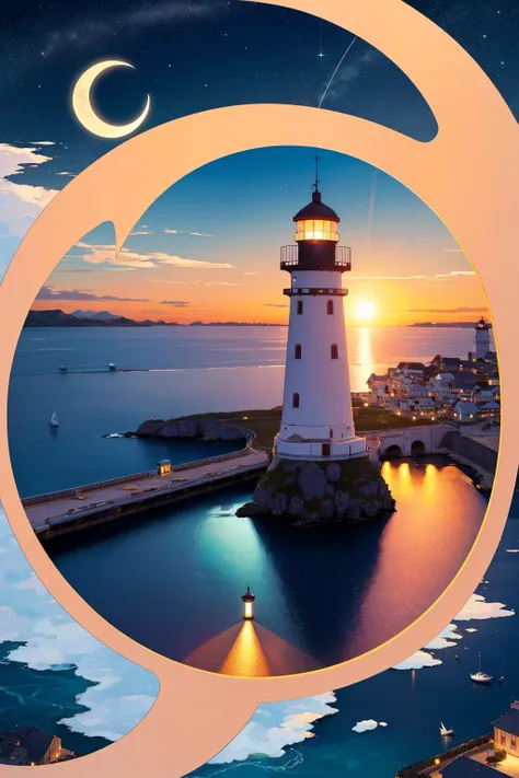 <lora:FuturusticScapes-v2:1>, full moon, sun, planet, horizon, cloud, ocean, sky, water, scenery, crescent moon, beach, moonlight, circle, cloudy sky, shore, lens flare, waves, earth (planet), city, boat, outdoors, mountain, silhouette, night, lake, bird, 1girl, blue sky, bubble, long hair, building, sunburst, river, landscape, reflection, lighthouse, solo, night sky, island, star (sky), sunset, pool, cat, tower, city lights, fantasy, fisheye