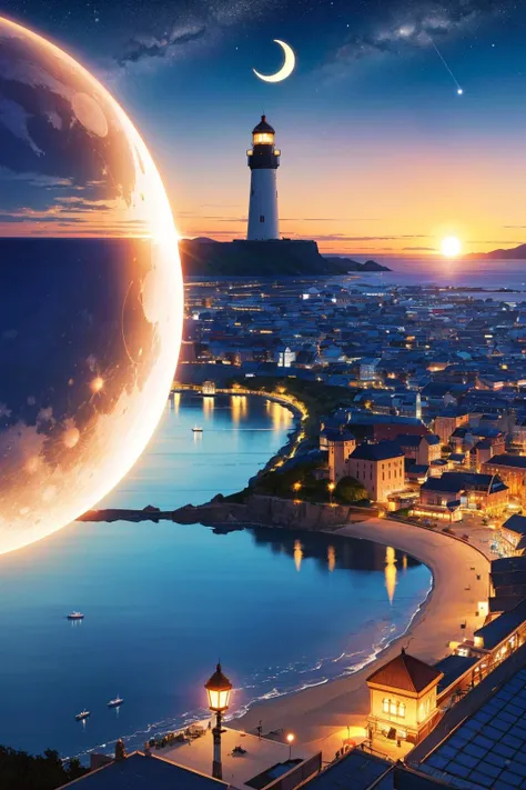 <lora:FuturusticScapes-v2:1>, full moon, sun, planet, horizon, cloud, ocean, sky, water, scenery, crescent moon, beach, moonlight, circle, cloudy sky, shore, lens flare, waves, earth (planet), city, boat, outdoors, mountain, silhouette, night, lake, bird, 1girl, blue sky, bubble, long hair, building, sunburst, river, landscape, reflection, lighthouse, solo, night sky, island, star (sky), sunset, pool, cat, tower, city lights, fantasy, fisheye