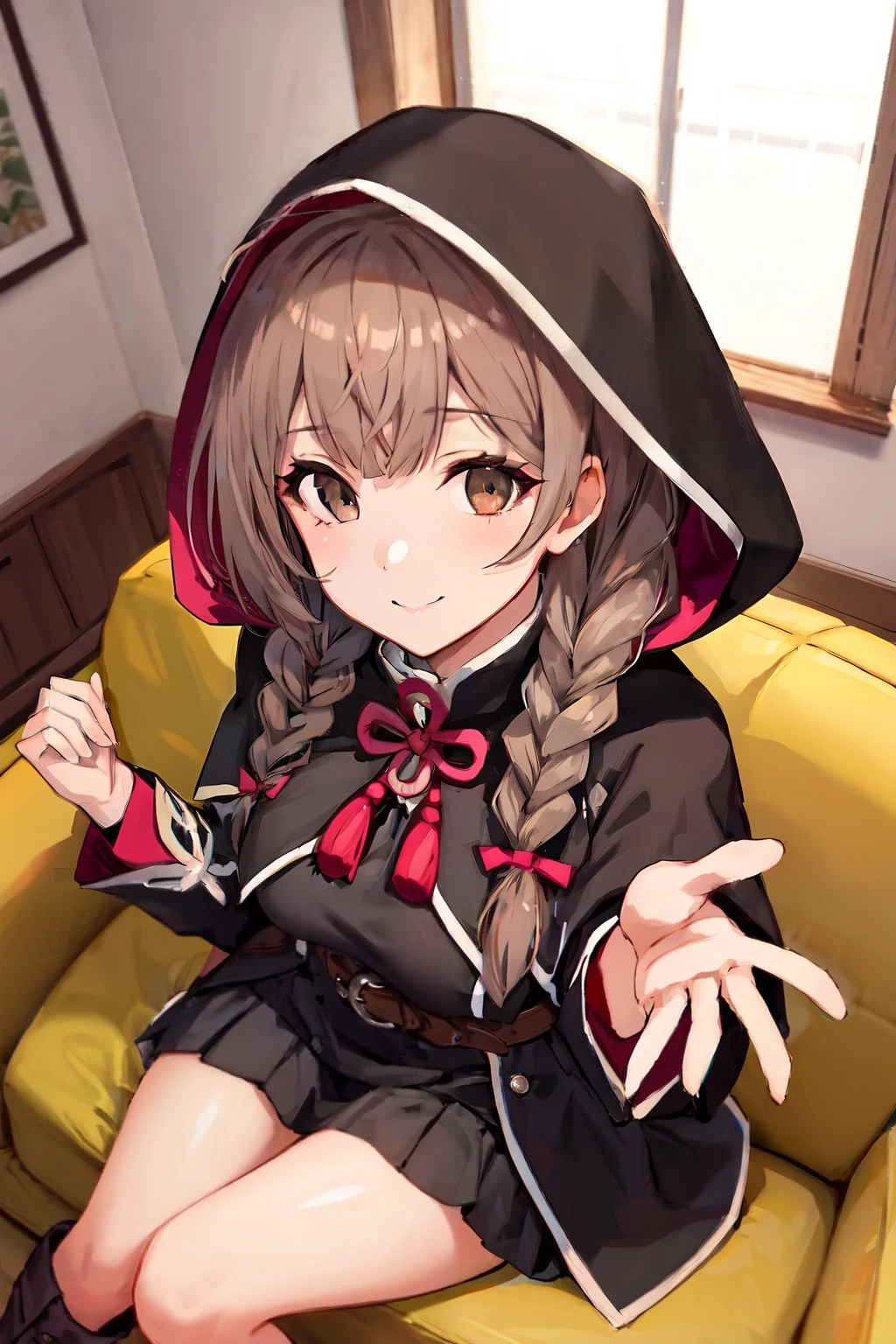 (masterpiece, best quality:1.3), (ultra-detailed), {illustration,picturesque}, {studio light, picturesque}, [best shadow],
(KonishiCSA)_(ShizumaCSA), (AlphaCDE)_(GammaCDE),
BREAK
(perfect anatomy), (symmetric eyes, ultra-detailed eyes, beautiful eyes), (sharp eyeliner, ultra-detailed face, beautiful face), (brown eyes),
BREAK
nice hands, perfect hands, hand by Guido Daniele,
BREAK
1girl, solo,
BREAK
ShinshuuMaruKC, (hooded) capelet, hood up, (black) dress, (long sleeves) dress, (black) capelet, (brown) belt, (black) boots,(pleated) dress, (red) ribbon, (red) hair ribbon,
BREAK
looking at viewer, cowboy shot, facing to viewer, smile, (indoor, office, living room), sitting, sofa, from above,
BREAK
<lyco:hands:1.0>, <lora:CSA-v0.2:0.35>, <lora:CSA-MLU:0.35>, <lora:CDE:0.45>,  <lora:ShinshuuMaru-10:1>