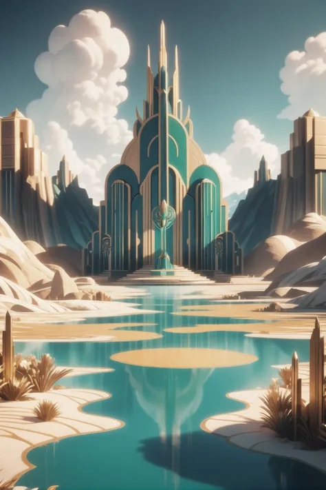 fantasy art deco, cinematic color grading, noon, scenery, in a Methane Lake Beds<lora:EnvyFantasyArtDecoXL01:0.75>