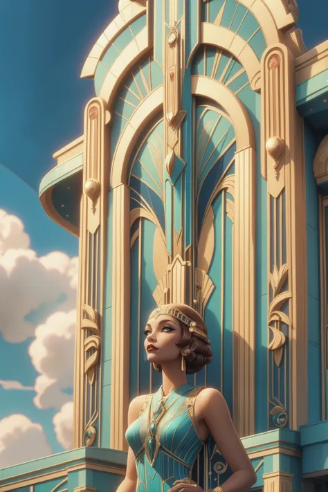 fantasy art deco, cinematic color grading, <lora:EnvySendNoodzXL01:-1>1girl, woman, beautiful, morning, blue sky, clouds, architecture, whimsical Voodoo shop in New Orleans<lora:EnvyFantasyArtDecoXL01:1>