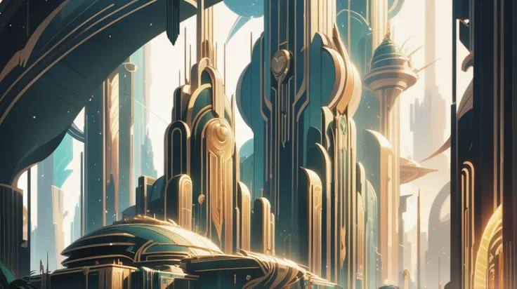 fantasy art deco, cinematic color grading, a impossible,utopian fantasy metropolis beyond the end of time, masterpiece, by Sparth (Nicolas Bouvier)<lora:EnvyFantasyArtDecoXL01:1>