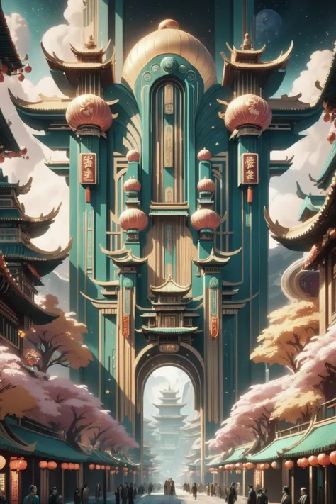 fantasy art deco, cinematic color grading, fantasy, chinatown in a great scifi cosmic megastructure outside of reality, masterpiece<lora:EnvyFantasyArtDecoXL01:0.75>