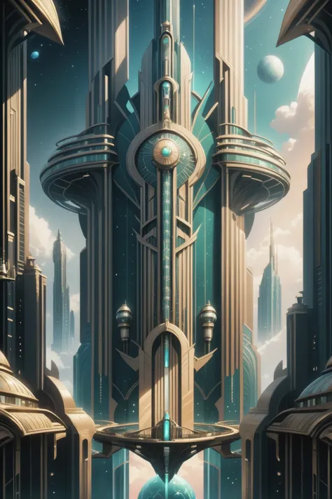 fantasy art deco, cinematic color grading, fantasy, space elevator in a great,forbidden fantasy megacity at the beginning of reality, masterpiece, by Pablo Dominguez<lora:EnvyFantasyArtDecoXL01:0.75>