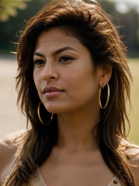 Realistic photo of a beautiful 3v4m-v2 woman, 1girl, solo, long hair, looking at viewer, smile, brown hair, brown eyes, jewelry, earrings, mole, hair over one eye, lips, portrait, hoop earrings, realistic, soft lighting, professional Photography, Photorealistic, detailed, RAW, analog, sharp focus, 8k, HD, high quality, masterpiece<lora:3v4m-v2:1.0>