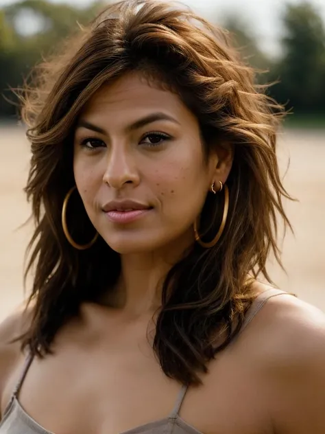 Realistic photo of a beautiful 3v4m-v2 woman, 1girl, solo, long hair, looking at viewer, smile, brown hair, brown eyes, jewelry, earrings, mole, hair over one eye, lips, portrait, hoop earrings, realistic, soft lighting, professional Photography, Photorealistic, detailed, RAW, analog, sharp focus, 8k, HD, high quality, masterpiece<lora:3v4m-v2:1.0>