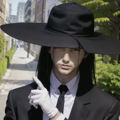 (masterpiece, best quality:1.2), 1boy, tall, holding hat, slender, black tie, suit, black overcoat, long overcoat, closed overcoat, black hat, large hat, pale skin, ((long hair:1.2)), black hair, white gloves, purple eyes, closeup shot, looking at viewer, blue sky, temple, forest  <lora:KuroudoAkabaneOverbaked:0.65>