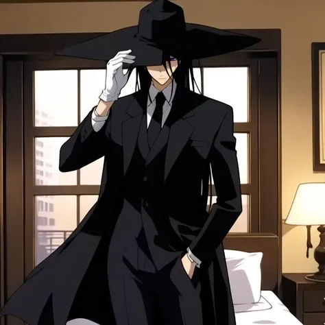 (masterpiece, best quality:1.2), AkabaneKuroudo, 1boy, tall, slender, slim, long black overcoat, large black hat, white gloves, suit, black tie, ((purple eyes)), long hair, black hair, looking at viewer, (5-star hotel room), ((cowboy shot)) <lora:KuroudoAkabane-000008:0.8>