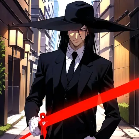 (masterpiece, best quality:1.2), (hold a red glowing neon sword:1.2), 1boy, tall, holding hat, slender, black tie, suit, black overcoat, long overcoat, closed overcoat, black hat, large hat, pale skin, long hair, black hair, white gloves, purple eyes, closeup shot, looking at viewer, street background <lora:KuroudoAkabane:0.8>