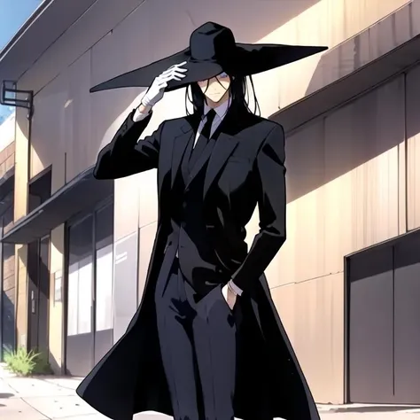 one hand on own hat, holding hat from the wind, (masterpiece, best quality:1.2), 1boy, tall, holding hat, slender, black tie, suit, black overcoat, long overcoat, (((closed overcoat:1.1))), black hat, large hat, pale skin, long hair, black hair, white gloves, purple eyes, closeup shot, looking at viewer, blue sky, temple, forest  <lora:KuroudoAkabaneOverbaked:0.9>