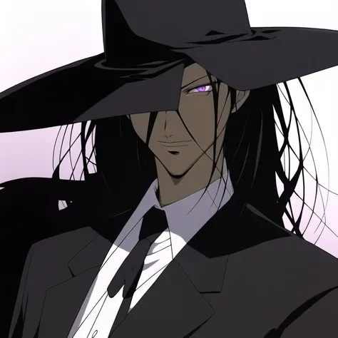 (masterpiece, best quality:1.2), AkabaneKuroudo, ((closeup:1.2)), 1boy, tall, slender, slim, long black overcoat, large black hat, white gloves, suit, black tie, ((purple eyes)), long hair, black hair, looking at viewer, <lora:KuroudoAkabane-000008:0.8>