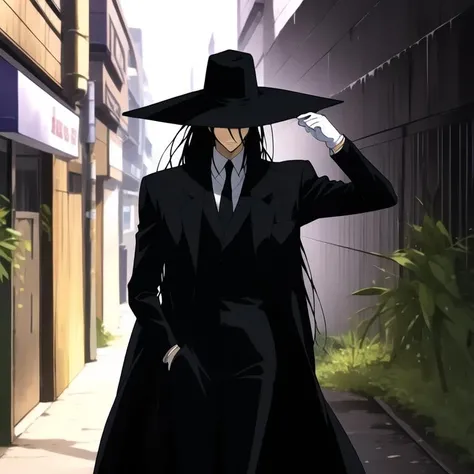 (masterpiece, best quality:1.2), AkabaneKuroudo, 1boy, tall, slender, slim, long black overcoat, large black hat, white gloves, suit, black tie, ((purple eyes)), long hair, black hair, looking at viewer, (city background, random background), ((cowboy shot)) <lora:KuroudoAkabane-000008:0.8>