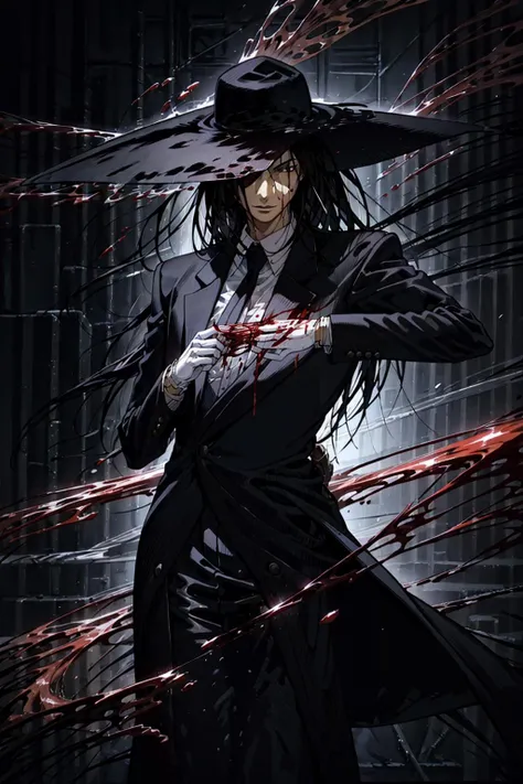 (best quality), (masterpiece),(ultra-detailed:1.2),(photorealistic:1.1),ultra high res,cowboy shot,
1boy,hold the scalpel,black hair,long hair,large hat,black suit,long black overcoat,white gloves, slender,
<lora:KuroudoAkabaneUnderbaked:0.85>,AkabaneKuroudo,(bloodmagic:1.1), swirling blood, blood,
<lora:Concept - Blood Magic:0.4> ,
<lora:add_detail:0.5>,
<lora:LowRa:0.2>,