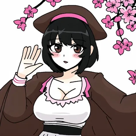 <lora:tokacomics:1>, tokacomics, cartoon, drawing, (smug:0.7), 1girl, bangs, black hair, black ribbon, blush, breasts, brown eyes, cherry blossoms, eyebrows visible through hair, hand on own face, hand up, hat, highres, long sleeves, looking at viewer, medium breasts, parted lips, ribbon, short hair, simple background, skirt, solo, white background, white headwear, white ribbon