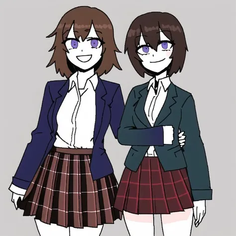 <lora:tokacomics:1>, tokacomics, cartoon, drawing, (smug:0.7), 1girl, :d, bangs, blazer, blue jacket, blush, brown cardigan, brown hair, cardigan, collared shirt, cowboy shot, dress shirt, eyebrows visible through hair, hair between eyes, head tilt, holding, jacket, long sleeves, looking at viewer, open blazer, open clothes, open jacket, open mouth, plaid, plaid skirt, pleated skirt, red skirt, school uniform, shirt, skirt, sleeves past wrists, smile, solo, thigh gap, upper teeth, violet eyes, white shirt