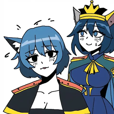 <lora:tokacomics:1>, tokacomics, cartoon, drawing, (smug:0.7), 1girl, animal ear fluff, animal ears, black eyes, blue capelet, blue dress, blue hair, blush, braid, breasts, capelet, closed mouth, crown braid, dress, epaulettes, francisco mon, highres, lips, lipstick, long sleeves, makeup, ribbon, short hair, signature, simple background, solo, sweatdrop, touching ears, white background, white ribbon, wolf ears