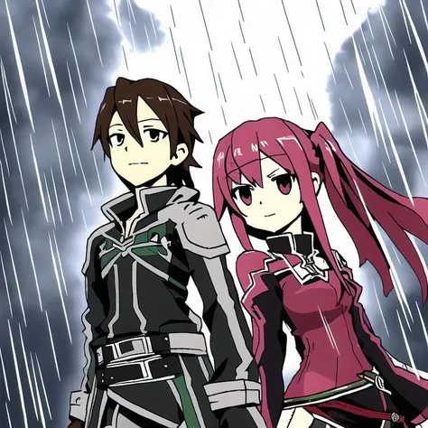 <lora:tokacomics:1>, tokacomics, cartoon, drawing, (smug:0.7), highres, rain, sword art online: memory defrag