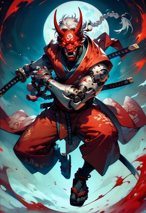 (score_9, score_8_up, score_7_up), zPDXL, solo, looking at viewer, red eyes, 1boy, holding, weapon, braid, white hair, male focus, japanese clothes, horns, teeth, sword, kimono, holding weapon, blood, mask, glowing, crossed arms, moon, sandals, katana, sheath, glowing eyes, sheathed, scabbard, mechanical arms, glowing eye, prosthesis, prosthetic arm, oni mask, samurai
<lora:BioPunky:0.8>